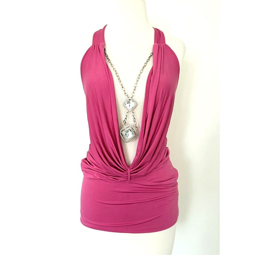 NOS Wet Seal Y2K VTG Pink Plunge Cowl Ruched Glam Clubwear Party Halter Top XL - Picture 2 of 8